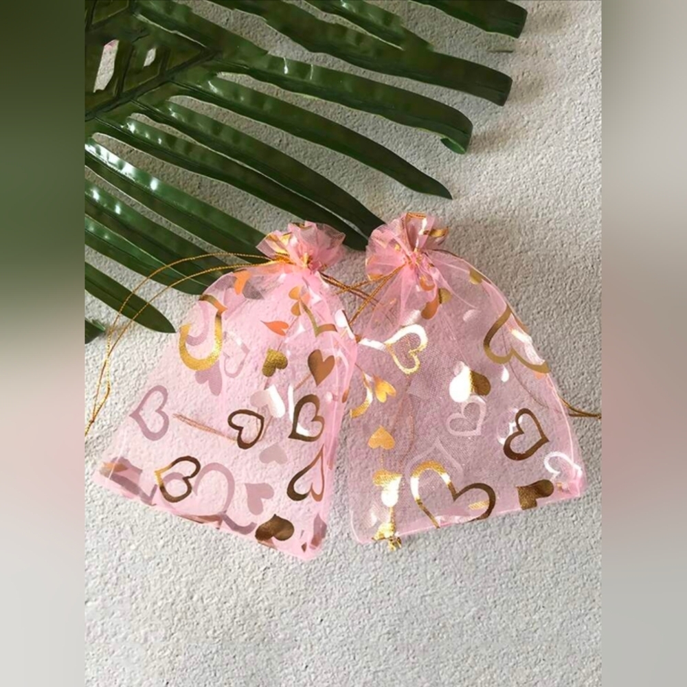 10pcs Heart Pink and Gold Organza Gift Bags - Picture 2 of 5